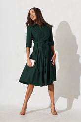 Emerald Cotton Shirt Dress - Marie Midi Style